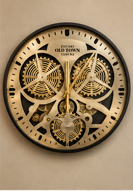 Brass gear wall clock with large exposed moving cogs and a black rim, 50 cm
