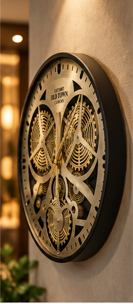 Brass gear wall clock with large exposed moving cogs and a black rim, 50 cm - angled view on the wall