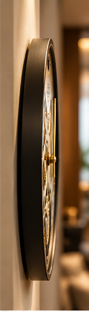 Brass gear wall clock with large exposed moving cogs and a black rim, 50 cm - side profile showing depth from the wall