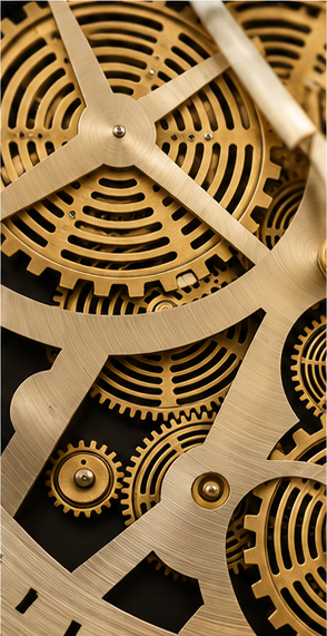Brass gear wall clock with large exposed moving cogs and a black rim, 50 cm - close-up of the dial