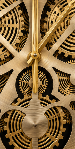 Brass gear wall clock with large exposed moving cogs and a black rim, 50 cm - close-up of the rim and numerals