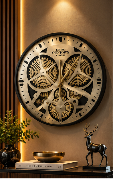 Brass gear wall clock with large exposed moving cogs and a black rim, 50 cm - styled above a console table