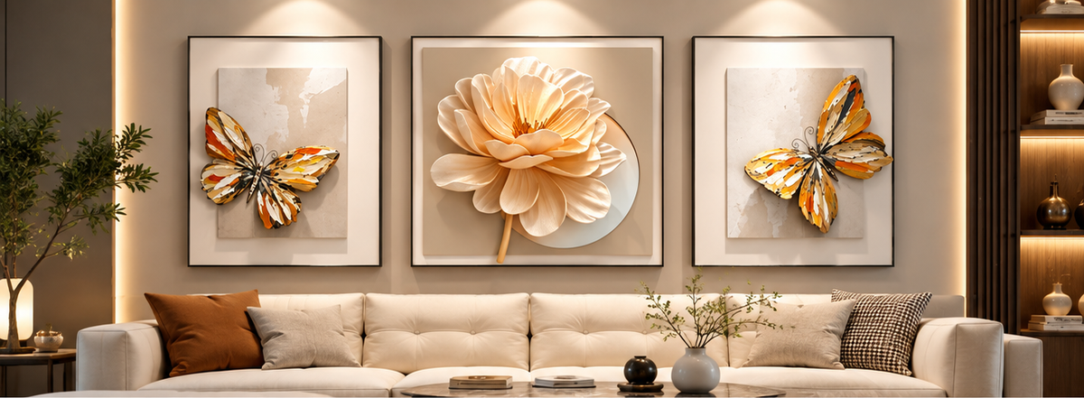 Butterfly and blossom 3D relief framed wall art, set of three panels