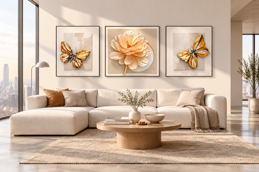 Butterfly and blossom 3D relief framed wall art, set of three panels