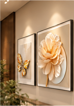 Butterfly and blossom 3D relief framed wall art, set of three panels - angled view of two panels