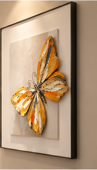 Butterfly and blossom 3D relief framed wall art, set of three panels - angled view of a single panel