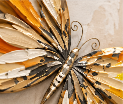 Butterfly and blossom 3D relief framed wall art, set of three panels - close-up of the sculpted butterfly wings
