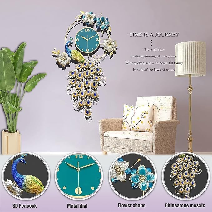 Exquisite Peacock Wall Clock with Luxury Rhinestones and Metal Craftsmanship