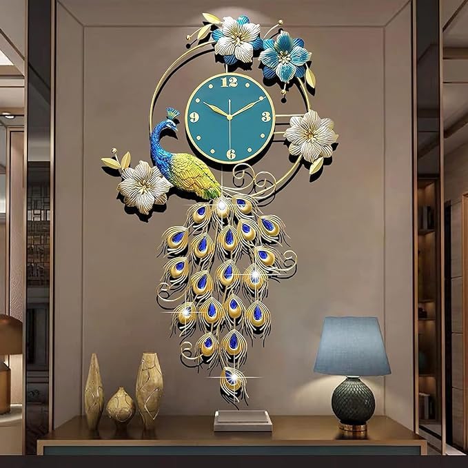 Exquisite Peacock Wall Clock with Luxury Rhinestones and Metal Craftsmanship