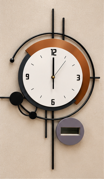 Black ring wall clock with a copper crescent behind the dial and a digital display, 20 x 30 cm