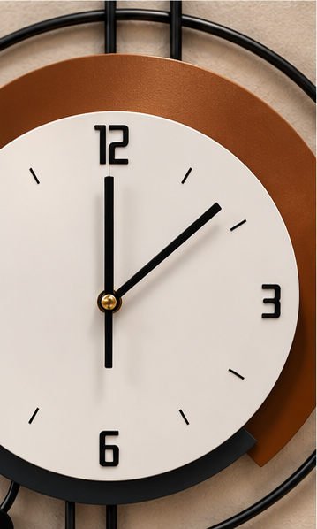 Black ring wall clock with a copper crescent behind the dial and a digital display, 20 x 30 cm - close-up of the white dial and copper crescent
