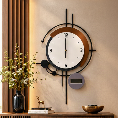 Black ring wall clock with a copper crescent behind the dial and a digital display, 20 x 30 cm - styled above a console table