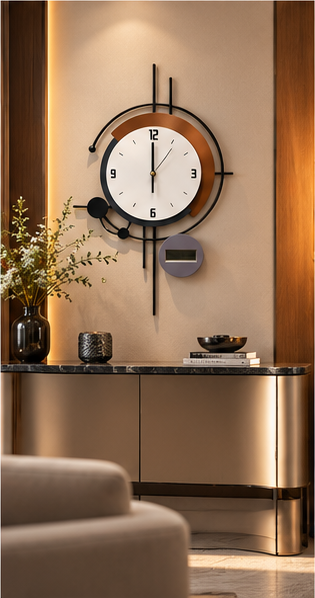 Black ring wall clock with a copper crescent behind the dial and a digital display, 20 x 30 cm - styled beside a console