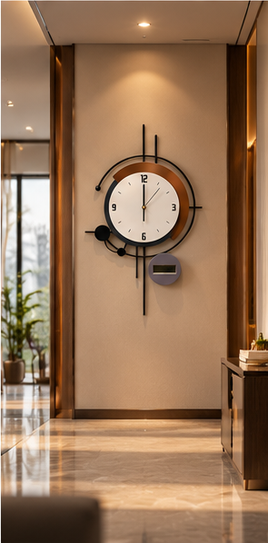 Black ring wall clock with a copper crescent behind the dial and a digital display, 20 x 30 cm - styled in a hallway