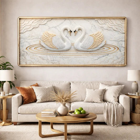 Eternal Grace 3D Swan Wall Art – Marble & Gold Bas-Relief