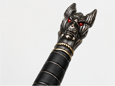 Decorative display sword on a rosewood-tone wooden wall plaque, 39 x 8 inch - sculpted beast-head pommel with red eyes