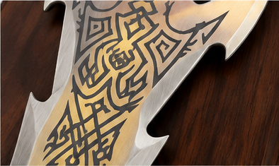 Decorative display sword on a rosewood-tone wooden wall plaque, 39 x 8 inch - laser-engraved knotwork blade detail