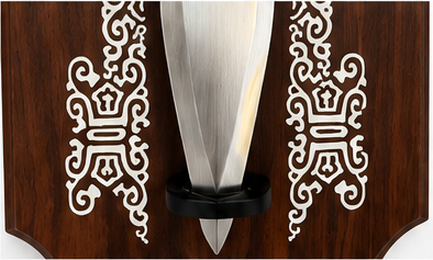 Decorative display sword on a rosewood-tone wooden wall plaque, 39 x 8 inch - moulded holder securing the blade tip