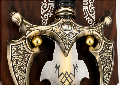Decorative display sword on a rosewood-tone wooden wall plaque, 39 x 8 inch - ornate brass-tone guard with gold orbs