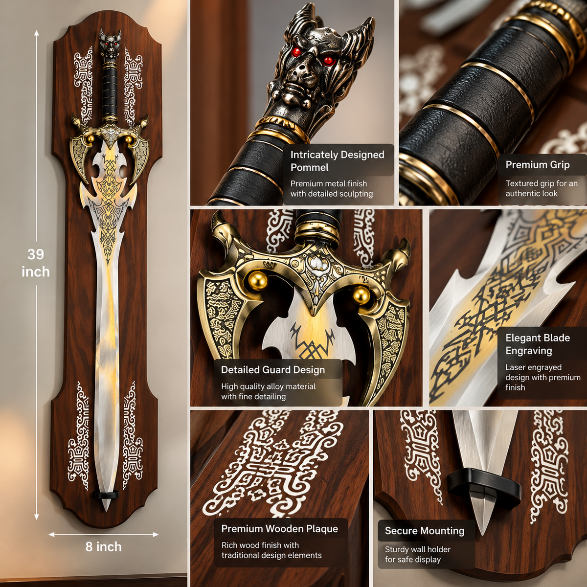Decorative display sword on a rosewood-tone wooden wall plaque, 39 x 8 inch - feature overview with size and construction detail