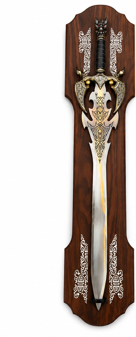Decorative display sword on a rosewood-tone wooden wall plaque, 39 x 8 inch