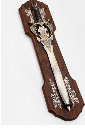 Decorative display sword on a rosewood-tone wooden wall plaque, 39 x 8 inch - angled view on the wall