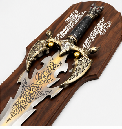 Decorative display sword on a rosewood-tone wooden wall plaque, 39 x 8 inch - angled close view of the guard and grip