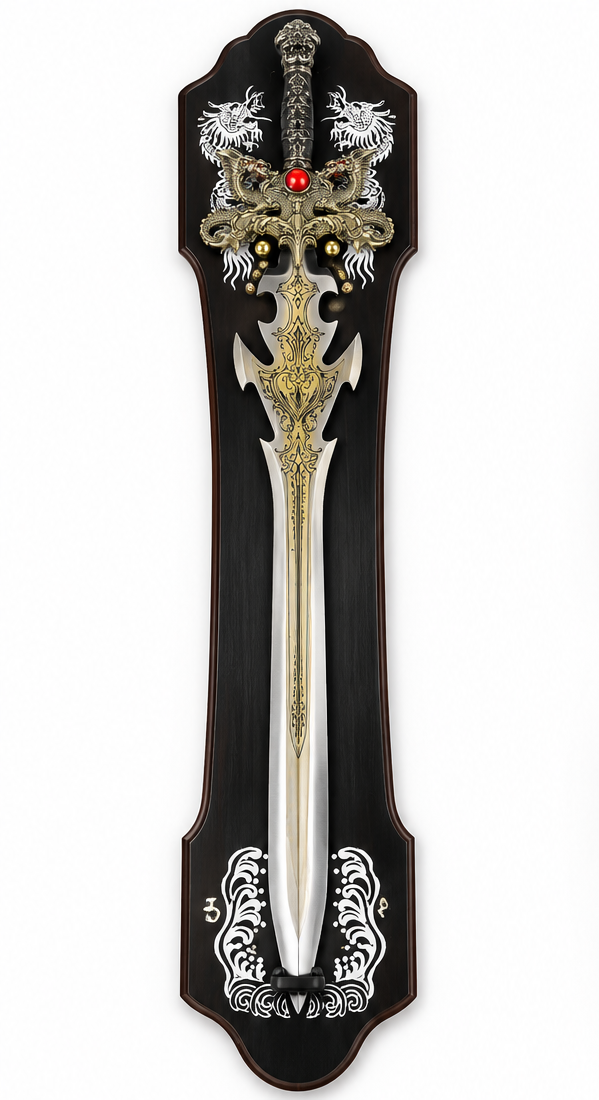 Decorative dragon sword on a black wooden wall plaque with red gemstone guard, 39 x 8 inch