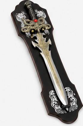 Decorative dragon sword on a black wooden wall plaque with red gemstone guard, 39 x 8 inch - angled view on the wall