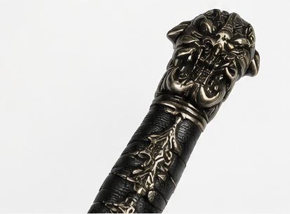 Decorative dragon sword on a black wooden wall plaque with red gemstone guard, 39 x 8 inch - cast dragon-head pommel and relief grip