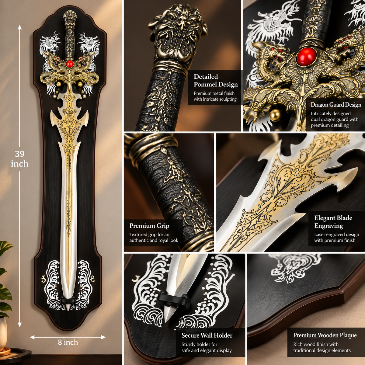 Decorative dragon sword on a black wooden wall plaque with red gemstone guard, 39 x 8 inch - feature overview with size and construction detail