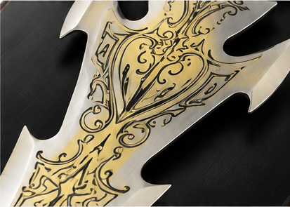 Decorative dragon sword on a black wooden wall plaque with red gemstone guard, 39 x 8 inch - full-length gold scrollwork blade engraving