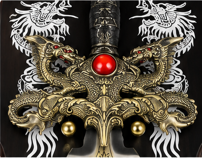 Decorative dragon sword on a black wooden wall plaque with red gemstone guard, 39 x 8 inch - twin-dragon guard set with a red cabochon stone