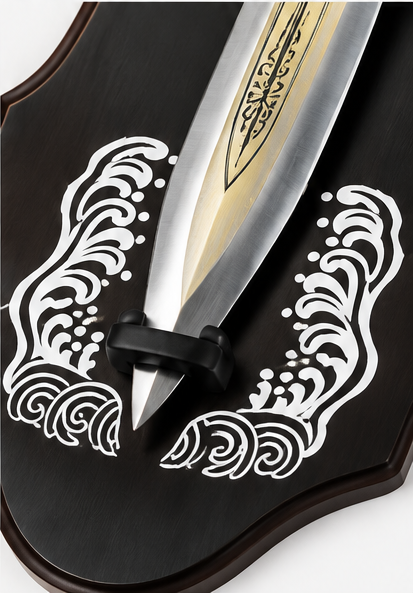 Decorative dragon sword on a black wooden wall plaque with red gemstone guard, 39 x 8 inch - painted wave motif and the moulded blade holder