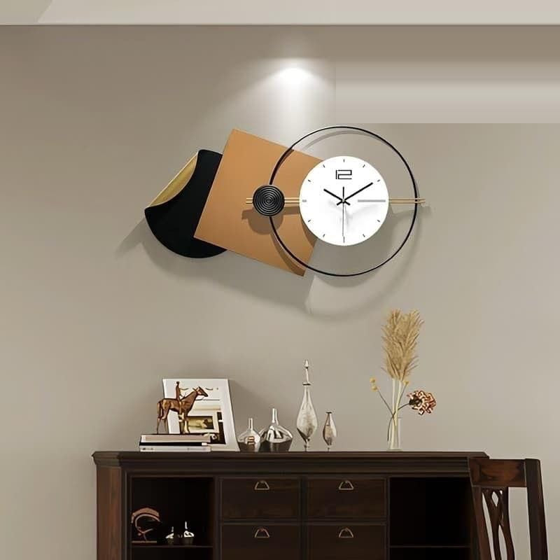 Geometric wall clock with offset tan and black square plates and an open black ring, 40 x 22 inch