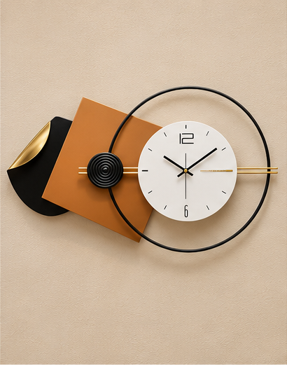 Geometric wall clock with offset tan and black square plates and an open black ring, 40 x 22 inch