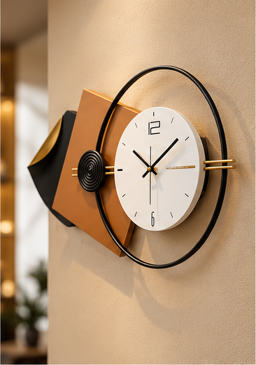 Geometric wall clock with offset tan and black square plates and an open black ring, 40 x 22 inch - angled view on the wall