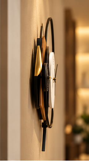 Geometric wall clock with offset tan and black square plates and an open black ring, 40 x 22 inch - side profile showing depth from the wall