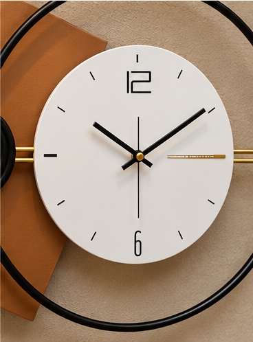 Geometric wall clock with offset tan and black square plates and an open black ring, 40 x 22 inch - close-up of the white dial