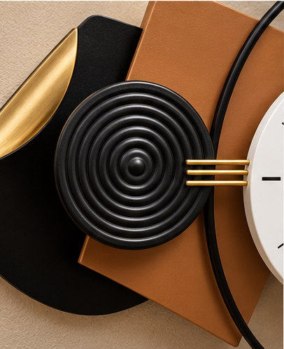 Geometric wall clock with offset tan and black square plates and an open black ring, 40 x 22 inch - close-up of the black spiral boss and gold bars