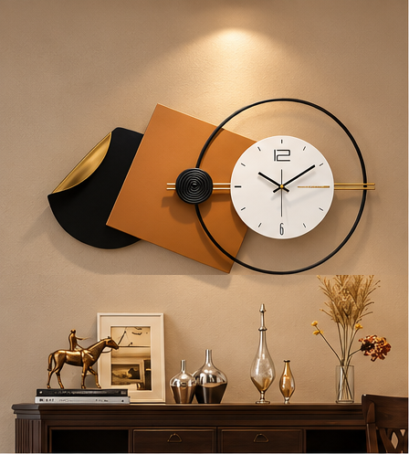 Geometric wall clock with offset tan and black square plates and an open black ring, 40 x 22 inch - styled above a console table