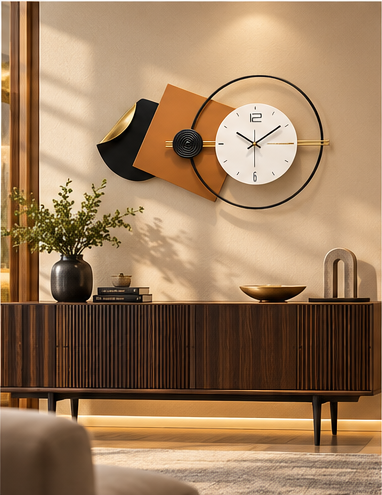 Geometric wall clock with offset tan and black square plates and an open black ring, 40 x 22 inch - in daylight above a sideboard