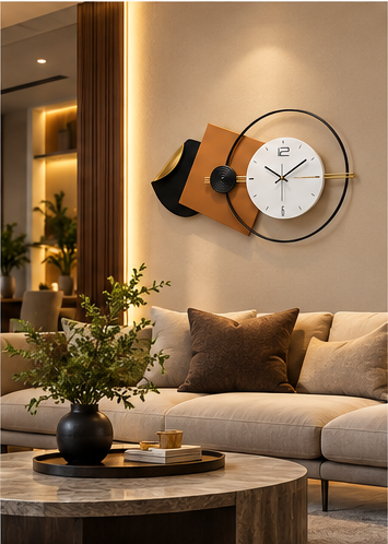 Geometric wall clock with offset tan and black square plates and an open black ring, 40 x 22 inch - styled in a living room