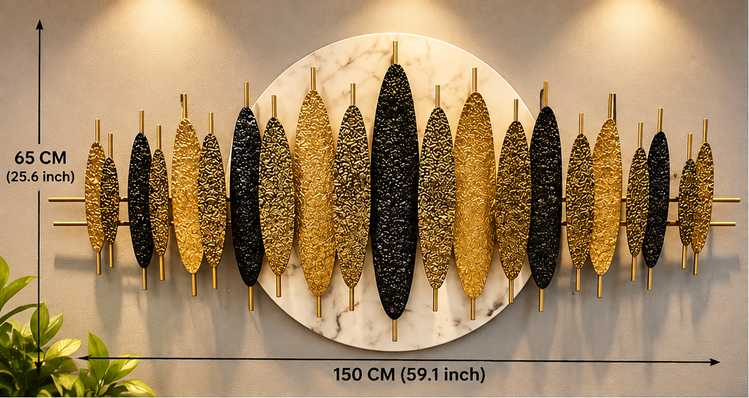 Gold and black hammered leaf metal wall art with marble disc, 150 x 65 cm