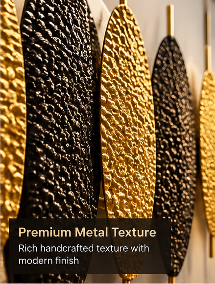 Gold and black hammered leaf metal wall art with marble disc, 150 x 65 cm - detail view 1