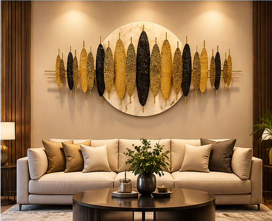 Gold and black hammered leaf metal wall art with marble disc, 150 x 65 cm - detail view 4