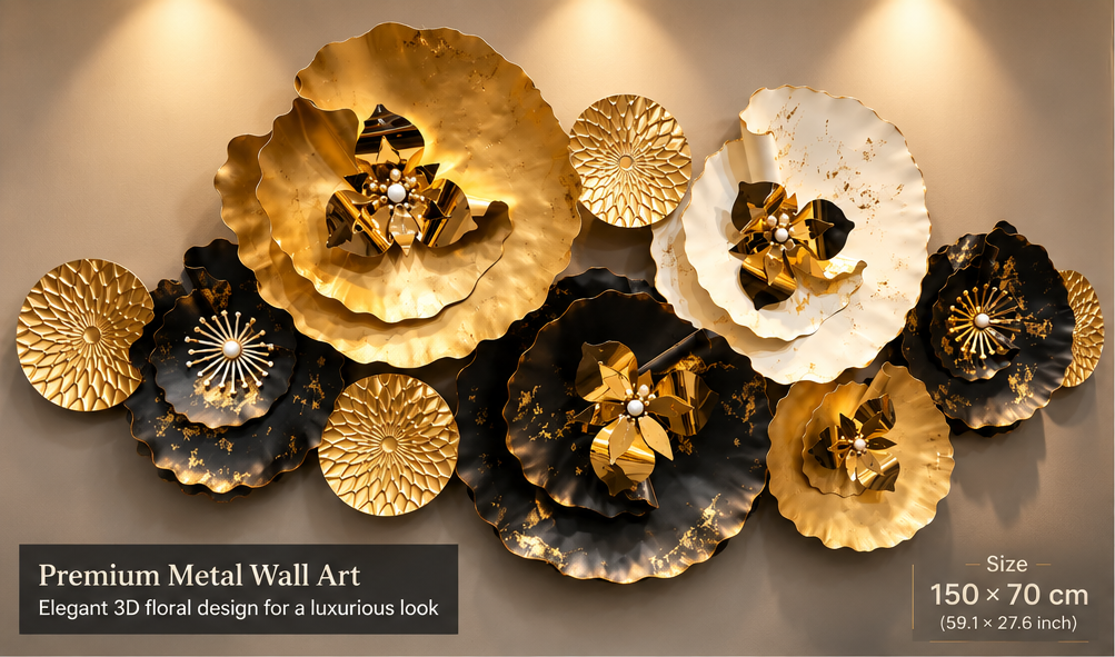 Gold, black and white ruffled floral disc metal wall art with pearl centres, 150 x 70 cm