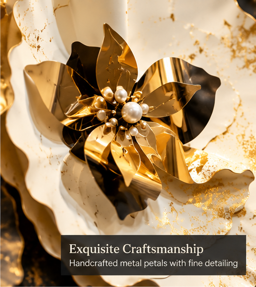 Gold, black and white ruffled floral disc metal wall art with pearl centres, 150 x 70 cm - detail view 1