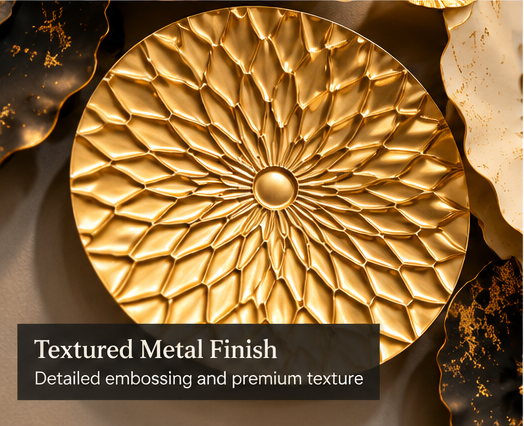 Gold, black and white ruffled floral disc metal wall art with pearl centres, 150 x 70 cm - detail view 2