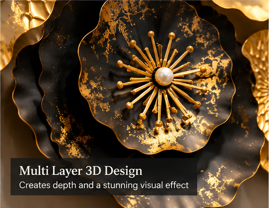 Gold, black and white ruffled floral disc metal wall art with pearl centres, 150 x 70 cm - detail view 3
